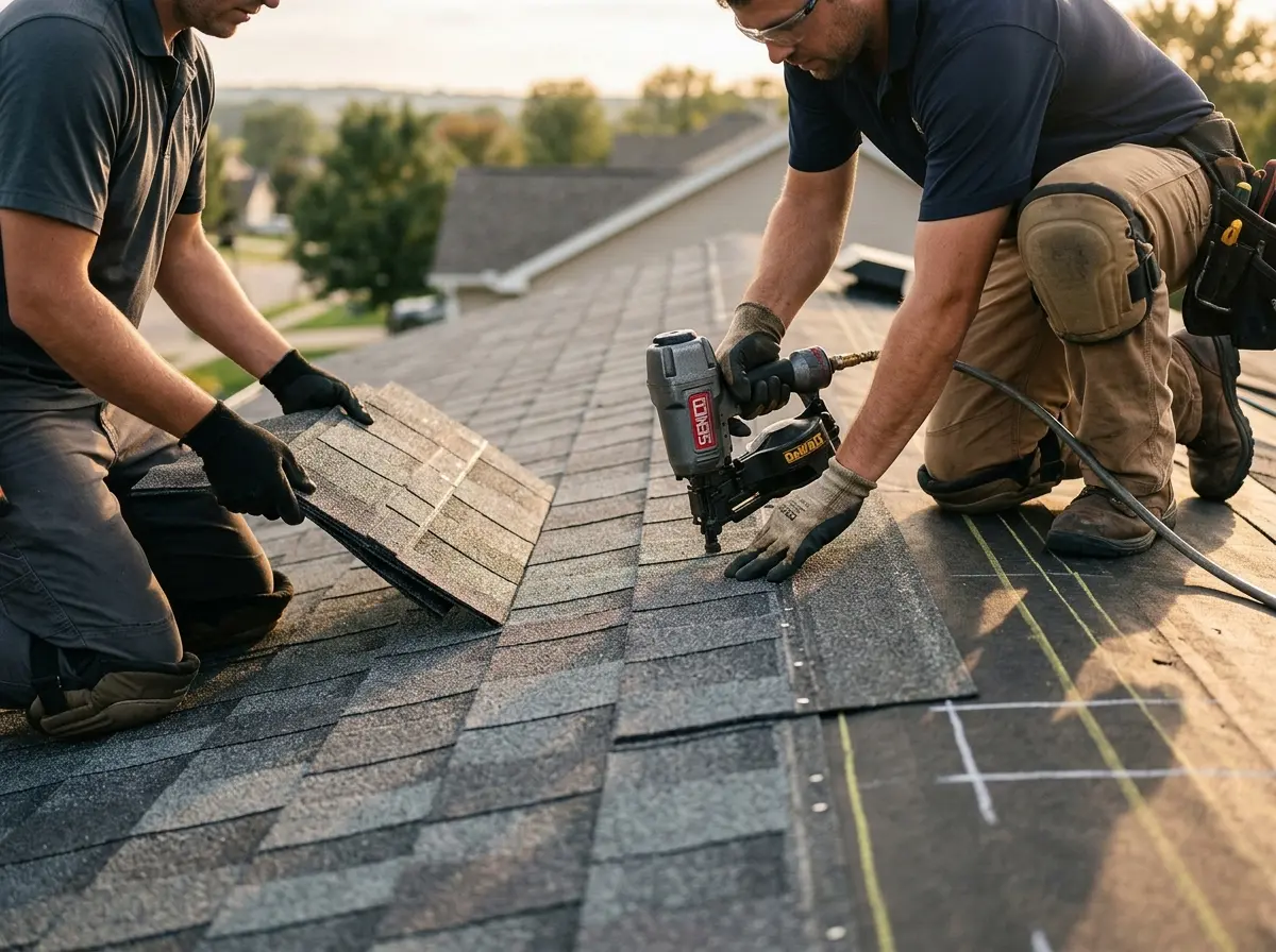 Professional roofer working on a residential roof in Elkhart